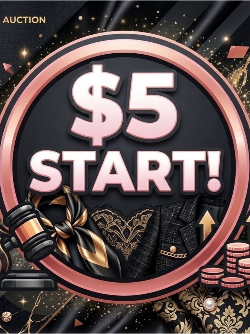 Elegant Rose Gold and Black Party Auction Sign - $5 Start!